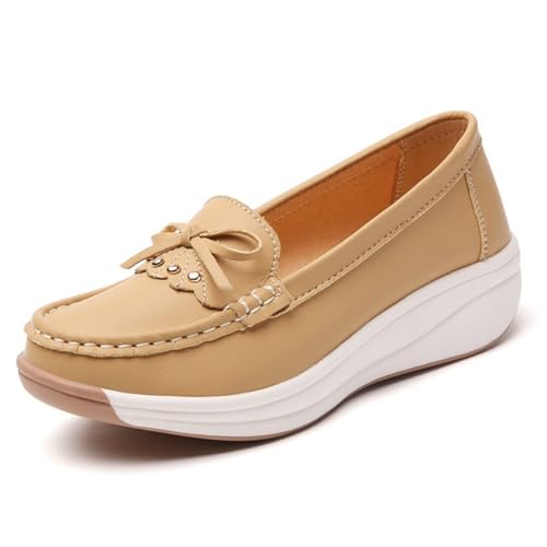 Qgtxf Plattform Loafers für Damen PU Leder Slip On Sneakers Bequeme Gehen Mokasinen Schuhe(Khaki,39 EU) von Qgtxf