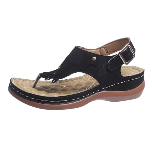Qgtxf Sommer Wedge Sandalen Vintage Plattform Flip Flops Sandale mit Fringe PU Leder Clip-Toe Slides Casual Strandschuhe(Black,43 EU) von Qgtxf
