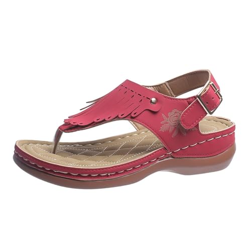 Qgtxf Sommer Wedge Sandalen Vintage Plattform Flip Flops Sandale mit Fringe PU Leder Clip-Toe Slides Casual Strandschuhe(Red,42 EU) von Qgtxf