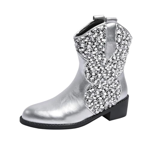 Qgtxf Sparkly Ankle Boots für Damen Retro Western Cowboy Stiefel mit Pailletten Mid Heels PU Leder Slip-on Stiefel(Silver,41 EU) von Qgtxf