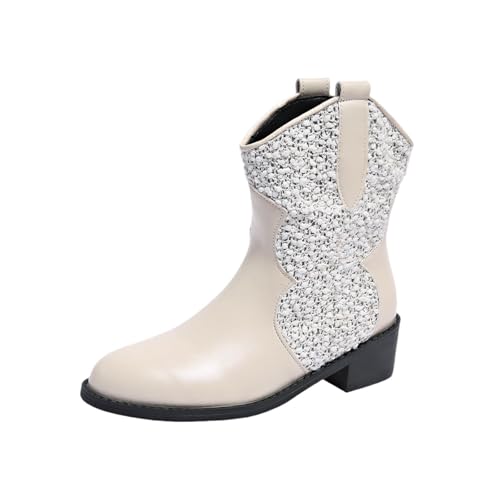Qgtxf Sparkly Ankle Boots für Damen Retro Western Cowboy Stiefel mit Pailletten Mid Heels PU Leder Slip-on Stiefel(White,36 EU) von Qgtxf