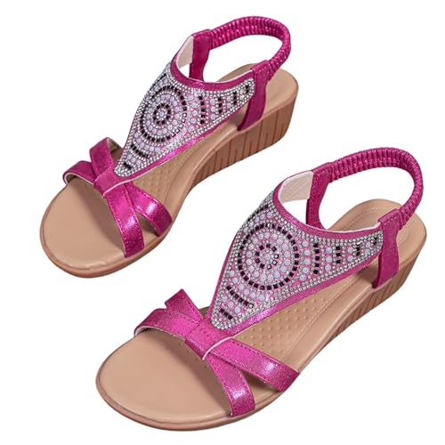 Qgtxf Strass Wedge Sandalen für Damen Sparkly Elastic Band Slingback Sandalen Kleid Plattform Schuhe(Rose Red,43 EU) von Qgtxf