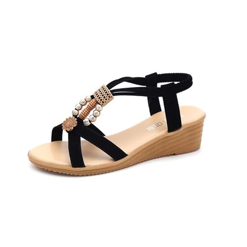 Qgtxf Wedge Sandalen für Damen Dressy Casual Boho T-Strap Schnalle Perlen Sandalen Elastische Band Plattform Strandschuhe(Black,38 EU) von Qgtxf