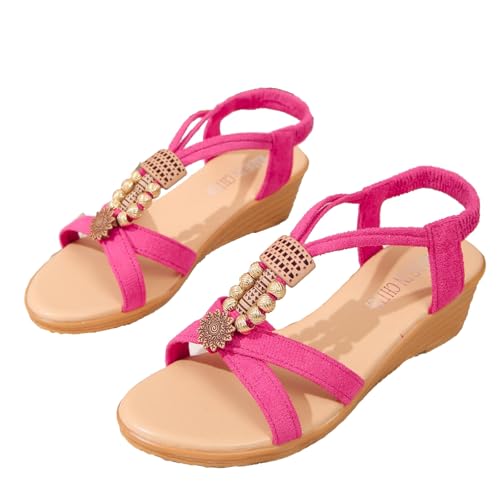 Qgtxf Wedge Sandalen für Damen Dressy Casual Boho T-Strap Schnalle Perlen Sandalen Elastische Band Plattform Strandschuhe(Rose Red,40 EU) von Qgtxf