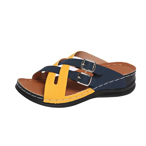 Qgtxf Wedge Sandalen für Damen Zwei Strap Orthopädische Sandalen mit Schnalle Atmungsaktive Slip Plattform Pantoffeln Strandschuhe(Yellow,41 EU) von Qgtxf