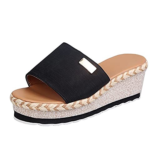 Sandalen Damen Fersen Plattform Fashion Keil Offene Zehe Espadrilles Casual Sommer Slip On Schuhe Dressy Walking Sandalen(Size:41 EU,Color:schwarz) von Qgtxf