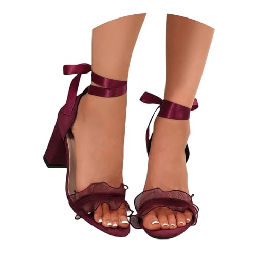 Schuhe für Damen Chunky Absatz Sandalen Braut Peep Toe Knöchelgurt Schuhe Spitze Abendschuhe(Red,38 EU) von Qgtxf