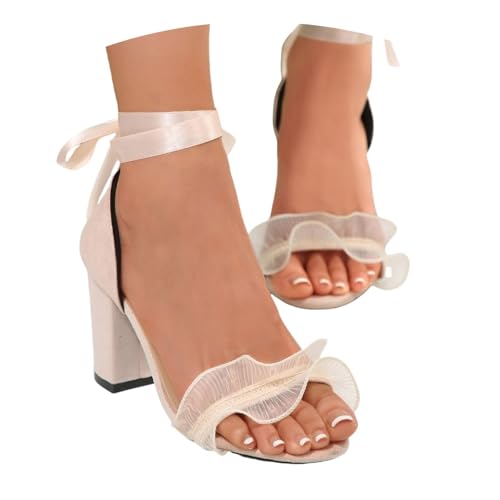 Schuhe für Damen Chunky Absatz Sandalen Braut Peep Toe Knöchelgurt Schuhe Spitze Abendschuhe(White,38 EU) von Qgtxf