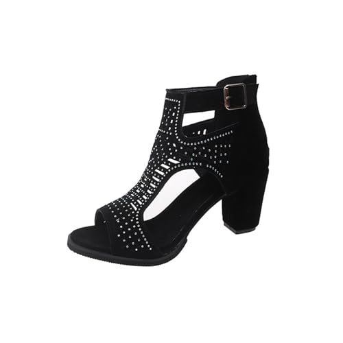 Sommer Damen Strass Mid-Absatz Sandale Elegante Brautsandalen mit Schnalle Open Toe Back Reißverschluss Mid-Heel(Black,41 EU) von Qgtxf
