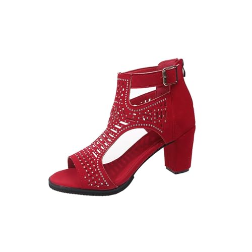 Sommer Damen Strass Mid-Absatz Sandale Elegante Brautsandalen mit Schnalle Open Toe Back Reißverschluss Mid-Heel(Red,40 EU) von Qgtxf