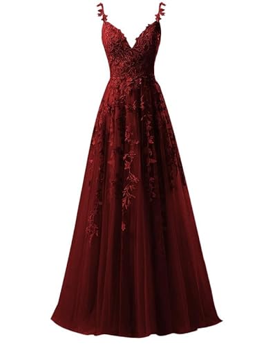 Ballkleider Damen Lang Tüll Abendkleider A-Linie Abiballkleid Spitzen Applikationen Festliche Partykleider Burgundy 38 von Qhdeikd