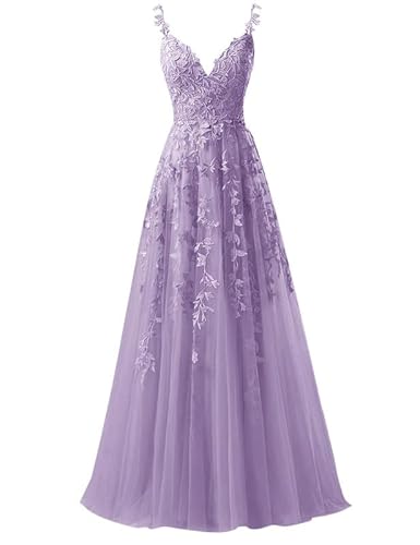 Ballkleider Damen Lang Tüll Abendkleider A-Linie Abiballkleid Spitzen Applikationen Festliche Partykleider Wisteria 46 von Qhdeikd