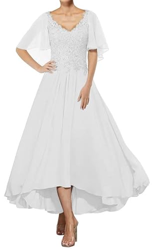 Qhdeikd Damen Abendkleid Chiffon Kurzarm Brautmutterkleid Unregelmäßig Lang Hochzeit Gast Kleid V-Ausschnitt Spitze Weiß 40 von Qhdeikd