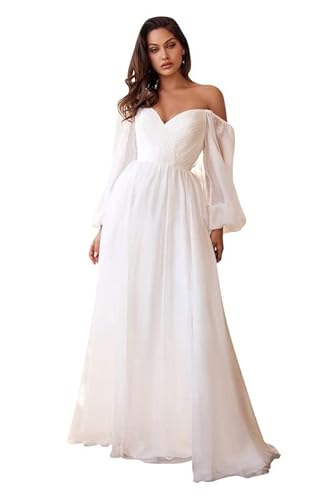 Standesamt Brautkleid Langarm V-Ausschnitt Hochzeit Kleid für Damen Spitzen Prinzessin Brautkleider Tüll A-Linie D-Elfenbein 42 von Qhdeikd