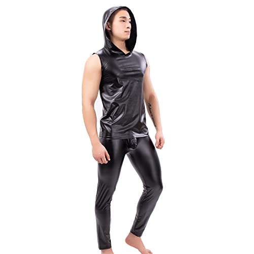 Herren Kunstleder Tank Top Enge Hose Anzug Wetlook Ärmellos Kapuzen Unterhemd PU Mann Leggings Shirt Hose Schwarz von QiaTi