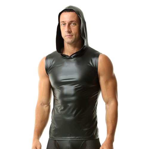 QiaTi Herren Kunstleder Tank Top Unterhemd Wetlook Kapuzen ärmellose Weste Muscle Shirt Clubwear von QiaTi