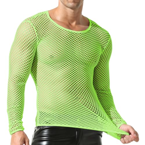 Herren Mesh Fishnet Durchsichtig Langarm T-Shirt Muskel Transparent Shirts Langarm Netz Unterhemd von QiaTi