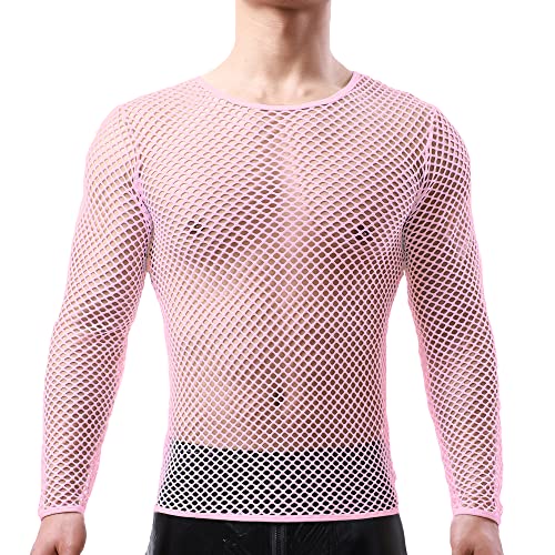 Herren Mesh Fishnet Durchsichtig Langarm T-Shirt Muskel Transparent Shirts Langarm Netz Unterhemd von QiaTi