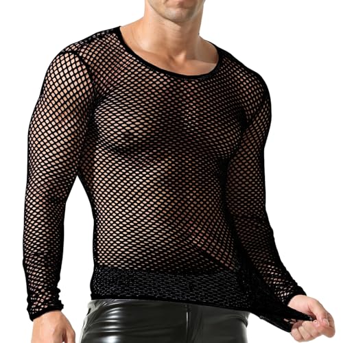 QiaTi Herren Mesh Fishnet Durchsichtig Langarm T-Shirt Muskel Transparent Shirts Langarm Netz Unterhemd von QiaTi