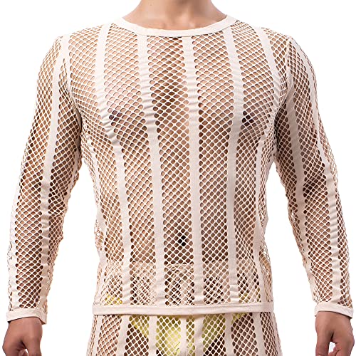 Herren Mesh Fishnet Durchsichtig Langarm T-Shirt Muskel Transparent Shirts Langarm Netz Unterhemd von QiaTi