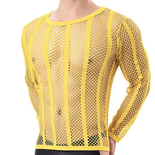 Herren Mesh Fishnet Durchsichtig Langarm T-Shirt Muskel Transparent Shirts Langarm Netz Unterhemd von QiaTi