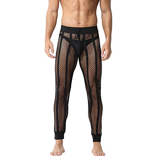 QiaTi Herren Fischnetzhose Mesh durchsichtige Muskelleggings Dehnbare Lange Hose mit Kordelzug von QiaTi