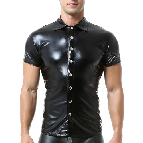 QiaTi Herren Kunstleder Button Down Shirt Wetlook Tank Top Collared Hals Kurzarm Weste für Casual Holiday Sport von QiaTi