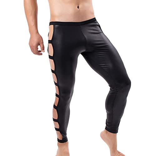 QiaTi Herren Kunstleder Leggings mit Reißverschluss Strumpfhose Lackleder Schwarz Hose Eng von QiaTi