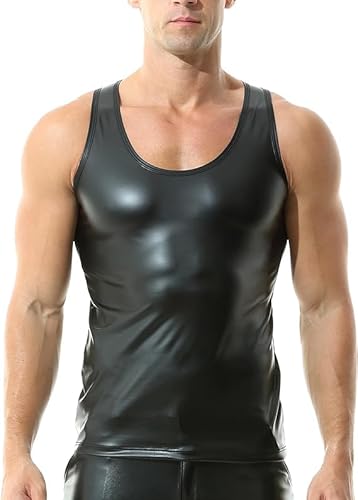 QiaTi Herren Kunstleder Unterhemd Slim Fit Ärmellos Tank Top Nachtclub Party Rundhalsausschnitt Shirts Muskeltop von QiaTi