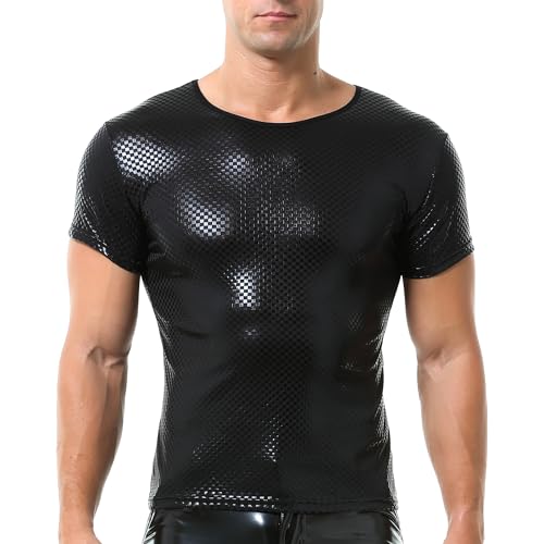 QiaTi Herren Kunstleder Unterhemd Wetlook Tank Top Shirt Crewneck Kurzarm Weste Sport Muskel von QiaTi