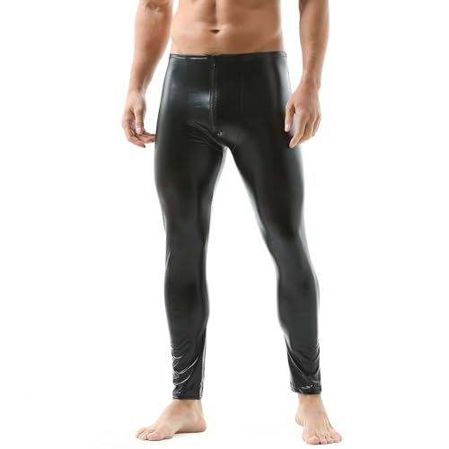 QiaTi Herren Kunstlederhose Leggings mit Reißverschluss Strumpfhosen Lackleder Schwarz Hose Tight von QiaTi