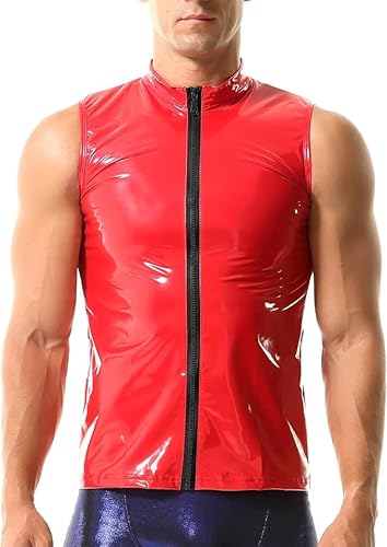 QiaTi Herren Kunstlederweste Unterhemd Herren ärmelloses Tank Top Reißverschluss Stehkragen Shirt Wetlook Muskel Westen Fit Athletisch von QiaTi