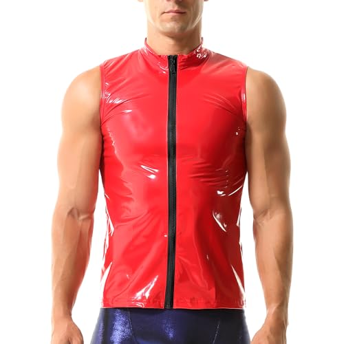 QiaTi Herren Kunstlederweste Unterhemd Herren ärmelloses Tank Top Reißverschluss Stehkragen Shirt Wetlook Muskel Westen Fit Athletisch von QiaTi