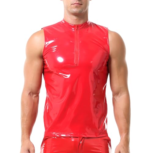 QiaTi Herren Kunstlederweste Unterhemd Herren ärmelloses Tank Top Reißverschluss Stehkragen Shirt Wetlook Muskel Westen Fit Casual von QiaTi