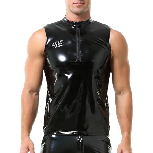 QiaTi Herren Kunstlederweste Unterhemd Herren ärmelloses Tank Top Reißverschluss Stehkragen Shirt Wetlook Muskel Westen Fit Casual von QiaTi