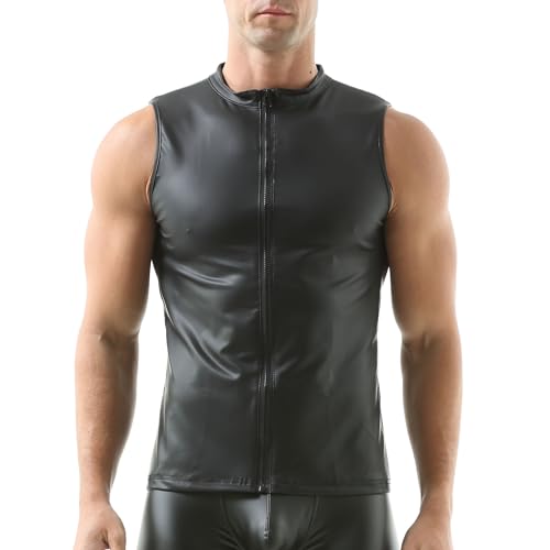 QiaTi Herren Kunstlederweste Unterhemd ärmelloses Tanktop Reißverschluss Stehkragen Shirt Wetlook Muskelweste Fit Athletic von QiaTi