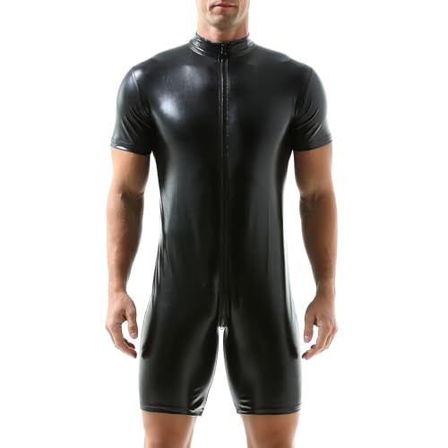 QiaTi Herren Kurzarm Kurze Hose Leotard Zip Strumpfhose Kunstleder Bodysuit von QiaTi