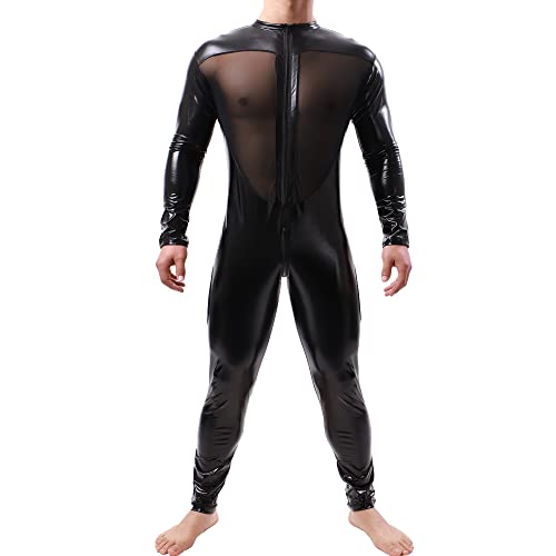 QiaTi Herren-Latex-Bodysuit Herren-Ganzkörper-Trikot mit Langen Ärmeln Ganzanzug Kunstleder-Bodysuit von QiaTi