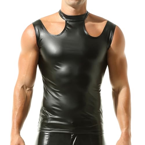 QiaTi Herren Lederimitat Weste Schwarz Ärmelloses Tanktop Ausschnitt Slim Fit Unterhemd für Rave von QiaTi