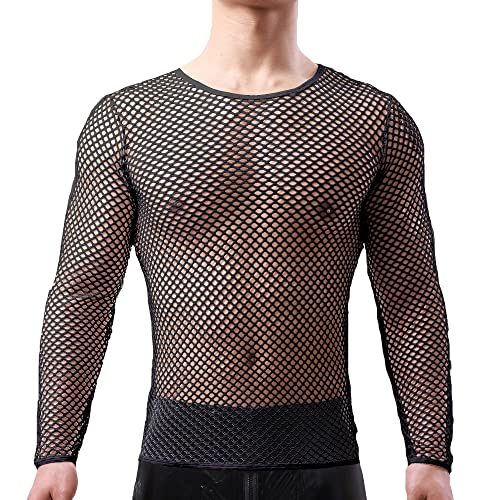 QiaTi Herren Mesh Fishnet Durchsichtig Langarm T-Shirt Muskel Transparent Shirts Langarm Netz Unterhemd von QiaTi