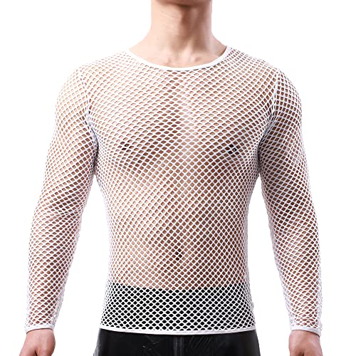 QiaTi Herren Mesh Fishnet Durchsichtig Langarm T-Shirt Muskel Transparent Shirts Langarm Netz Unterhemd von QiaTi