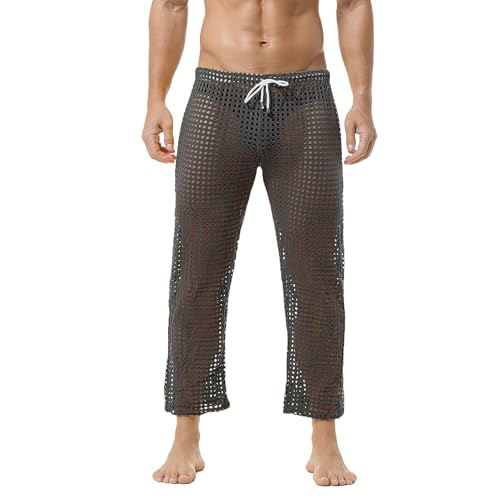 QiaTi Herren Mesh Fishnet See Through Pants Openwork Drawstring Lounge Long Pants Pyjamas Bottoms von QiaTi