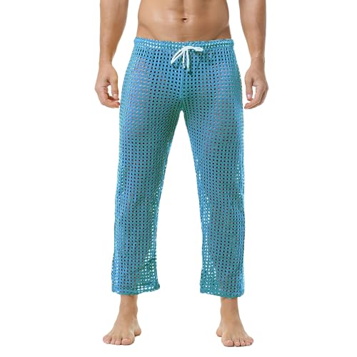 QiaTi Herren Mesh Fishnet See Through Pants Openwork Drawstring Lounge Long Pants Pyjamas Bottoms von QiaTi