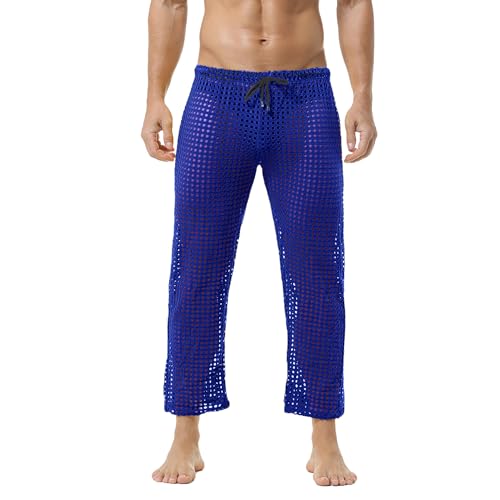 QiaTi Herren Mesh Fishnet See Through Pants Openwork Drawstring Lounge Long Pants Pyjamas Bottoms von QiaTi