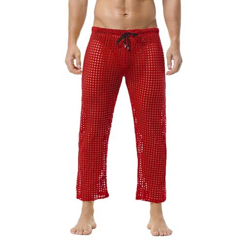 QiaTi Herren Mesh Fishnet See Through Pants Openwork Drawstring Lounge Long Pants Pyjamas Bottoms von QiaTi