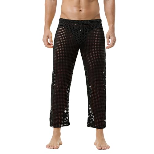 QiaTi Herren Mesh Fishnet See Through Pants Openwork Drawstring Lounge Long Pants Pyjamas Bottoms von QiaTi