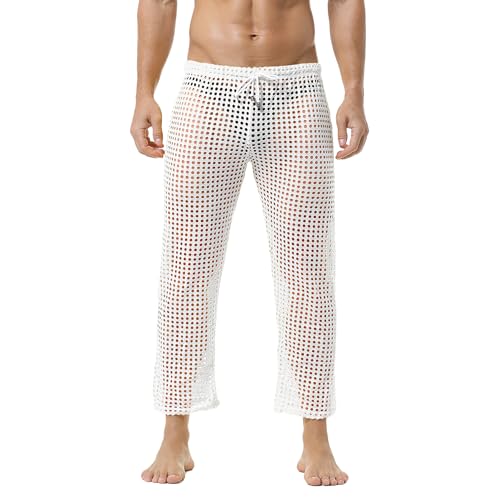 QiaTi Herren Mesh Fishnet See Through Pants Openwork Drawstring Lounge Long Pants Pyjamas Bottoms von QiaTi