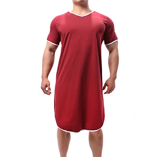 QiaTi Herren Nachthemd Baumwolle Nachtwäsche Bequemes Big V-Ausschnitt Pyjama Kurzarm Soft Loose Sleep Shirt (Rot, Large) von QiaTi