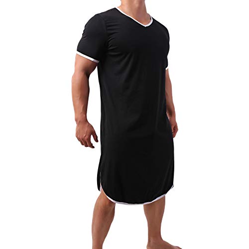 QiaTi Herren Nachthemd Baumwolle Nachtwäsche Bequemes Big V-Ausschnitt Pyjama Kurzarm Soft Loose Sleep Shirt von QiaTi