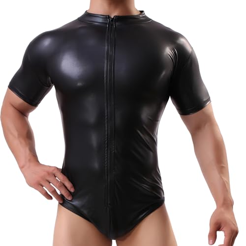 QiaTi Herren One Piece Wet Look Front Reißverschluss Jockstrap Bodysuit Trikot Wrestling Singlet Badebekleidung von QiaTi